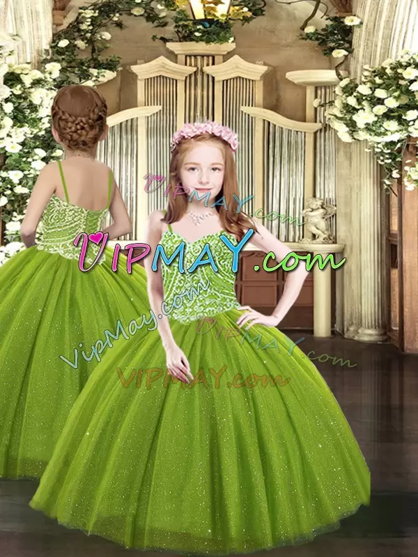 Olive Green Lace Up Pageant Gowns Beading Sleeveless Floor Length