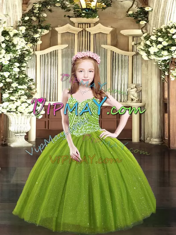 Olive Green Lace Up Pageant Gowns Beading Sleeveless Floor Length