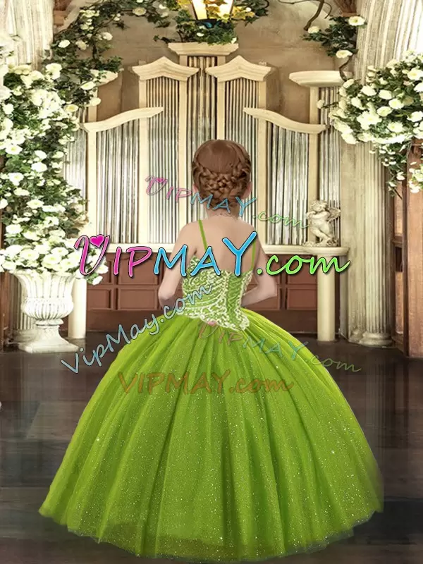 Olive Green Lace Up Pageant Gowns Beading Sleeveless Floor Length