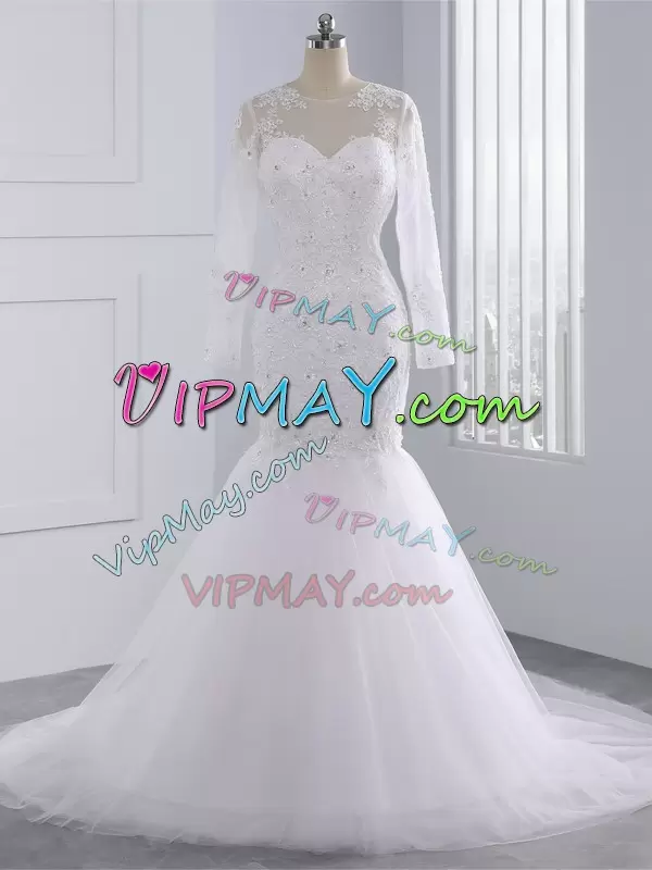 Hot Selling White Mermaid Tulle Scoop Long Sleeves Beading and Lace and Appliques Zipper Wedding Gowns Brush Train