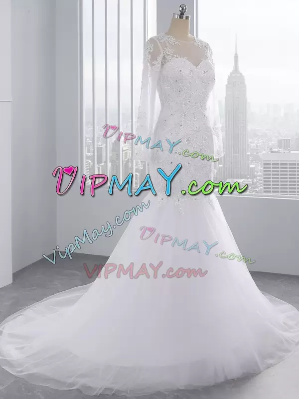 Hot Selling White Mermaid Tulle Scoop Long Sleeves Beading and Lace and Appliques Zipper Wedding Gowns Brush Train