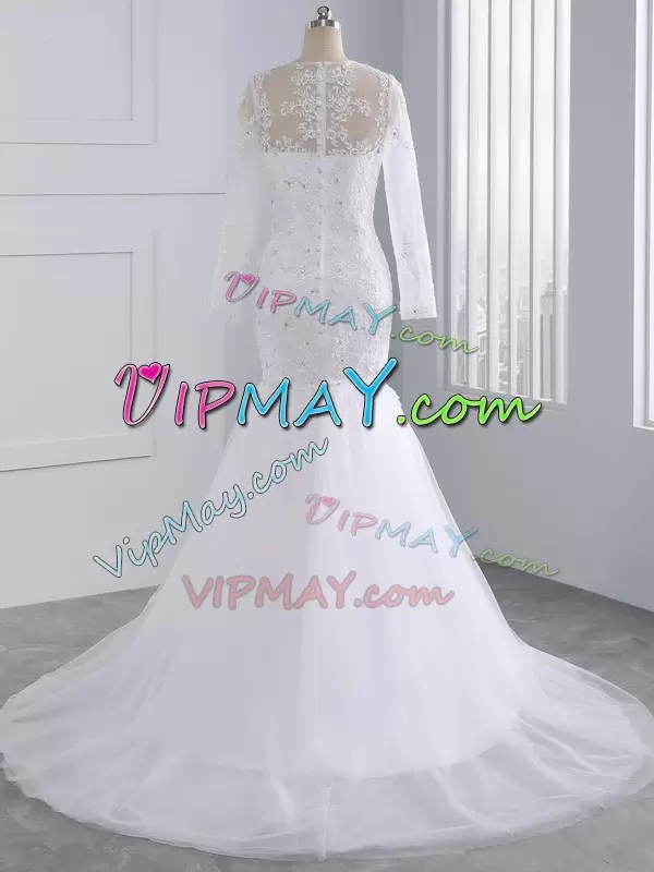 Hot Selling White Mermaid Tulle Scoop Long Sleeves Beading and Lace and Appliques Zipper Wedding Gowns Brush Train