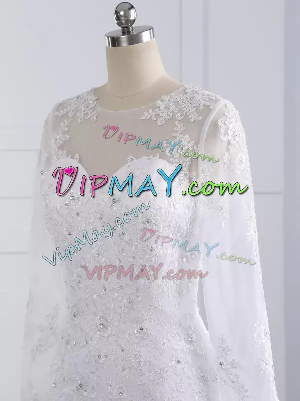 Hot Selling White Mermaid Tulle Scoop Long Sleeves Beading and Lace and Appliques Zipper Wedding Gowns Brush Train