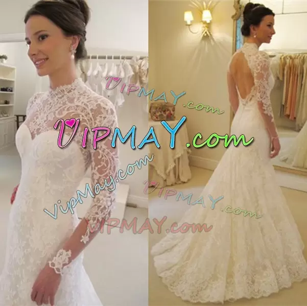 Top Selling Lace High-neck Long Sleeves Brush Train Backless Lace Bridal Gown in White