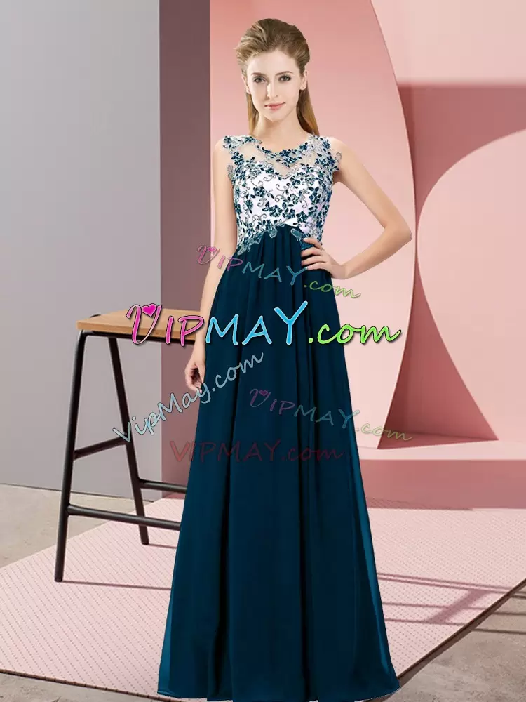 Colorful Scoop Sleeveless Zipper Wedding Guest Dresses Navy Blue Chiffon Beading and Appliques