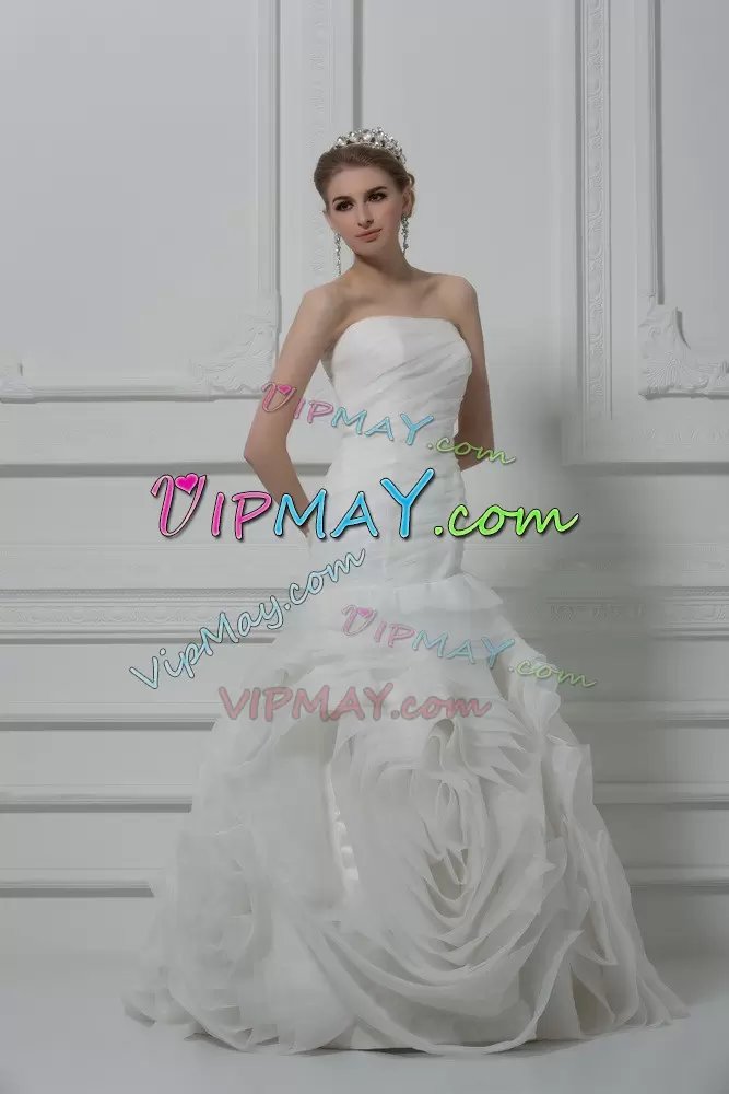 Dramatic Ruching Bridal Gown White Lace Up Sleeveless Brush Train