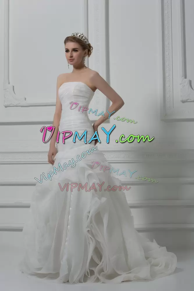 Dramatic Ruching Bridal Gown White Lace Up Sleeveless Brush Train