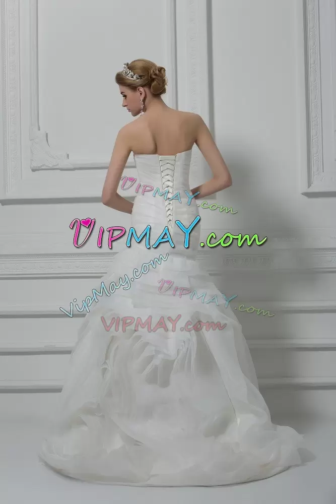 Dramatic Ruching Bridal Gown White Lace Up Sleeveless Brush Train