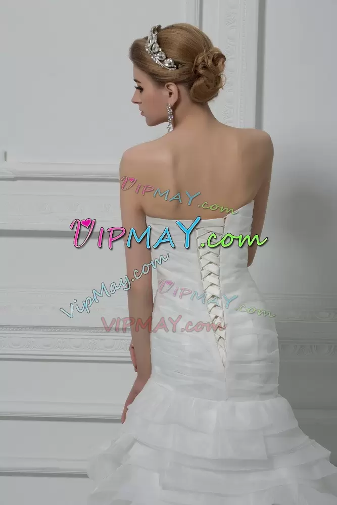 Dramatic Ruching Bridal Gown White Lace Up Sleeveless Brush Train