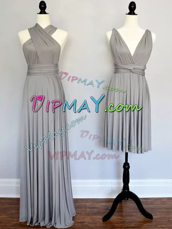 Grey Lace Up Quinceanera Dama Dress Ruching Sleeveless Floor Length