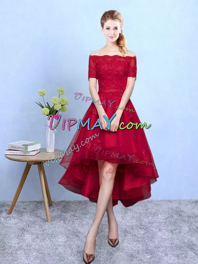 Edgy Short Sleeves High Low Appliques Lace Up Wedding Guest Dresses with Wine Red