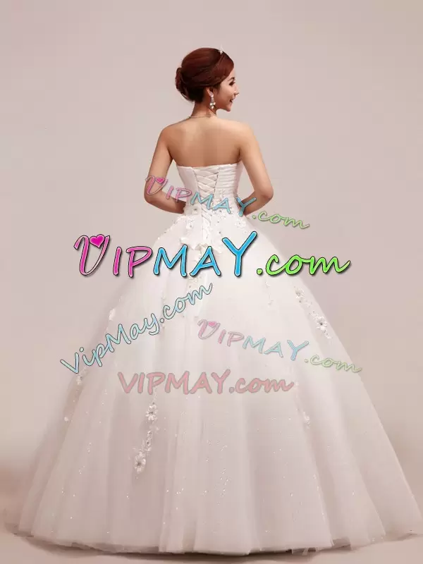 Tulle Sleeveless Floor Length Bridal Gown and Appliques and Ruching and Hand Made Flower