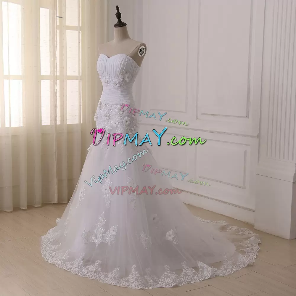 Vintage White Sleeveless Tulle Brush Train Lace Up Wedding Dresses for Wedding Party