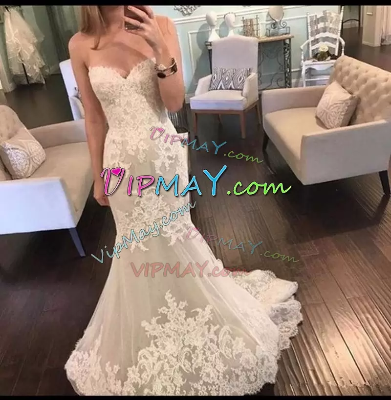 Sleeveless Sweetheart Brush Train Lace Up Lace and Appliques Wedding Dresses Sweetheart