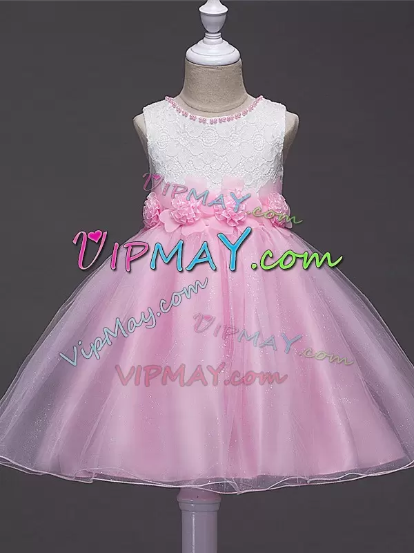 Knee Length Zipper Pageant Dress Wholesale Baby Pink for Wedding Party with Lace and Hand Made Flower