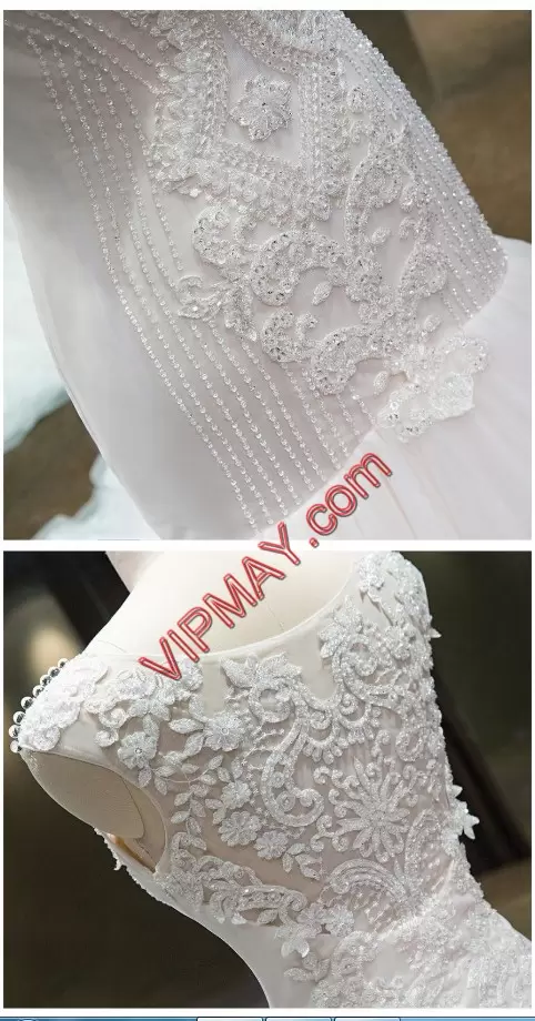 White Side Zipper Scoop Sleeveless Wedding Dress Sweep Train Beading and Appliques
