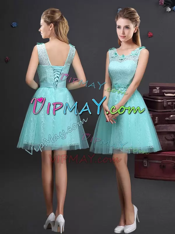 Fashionable Lace and Appliques and Belt Vestidos de Damas Aqua Blue Lace Up Sleeveless Mini Length