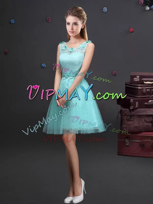 Fashionable Lace and Appliques and Belt Vestidos de Damas Aqua Blue Lace Up Sleeveless Mini Length