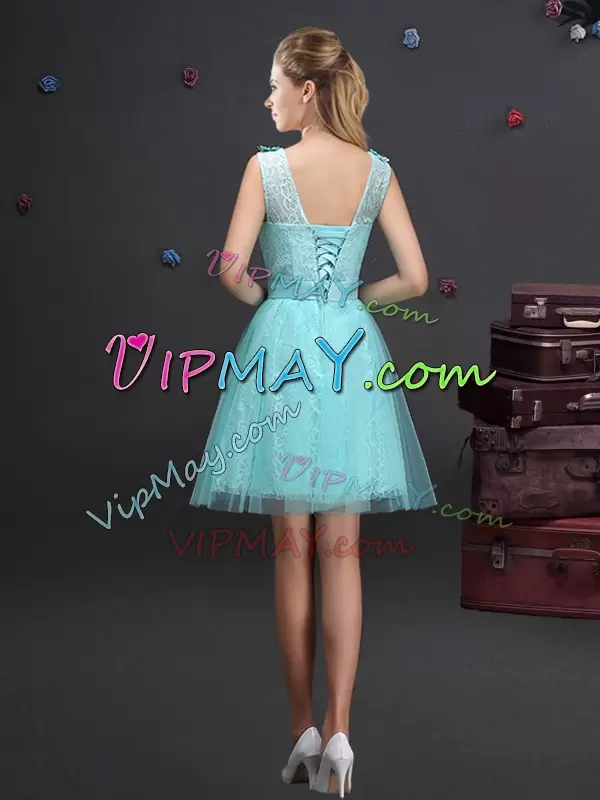 Fashionable Lace and Appliques and Belt Vestidos de Damas Aqua Blue Lace Up Sleeveless Mini Length