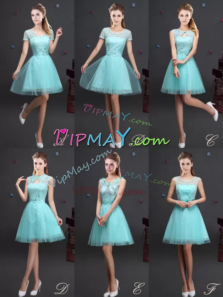 Fashionable Lace and Appliques and Belt Vestidos de Damas Aqua Blue Lace Up Sleeveless Mini Length