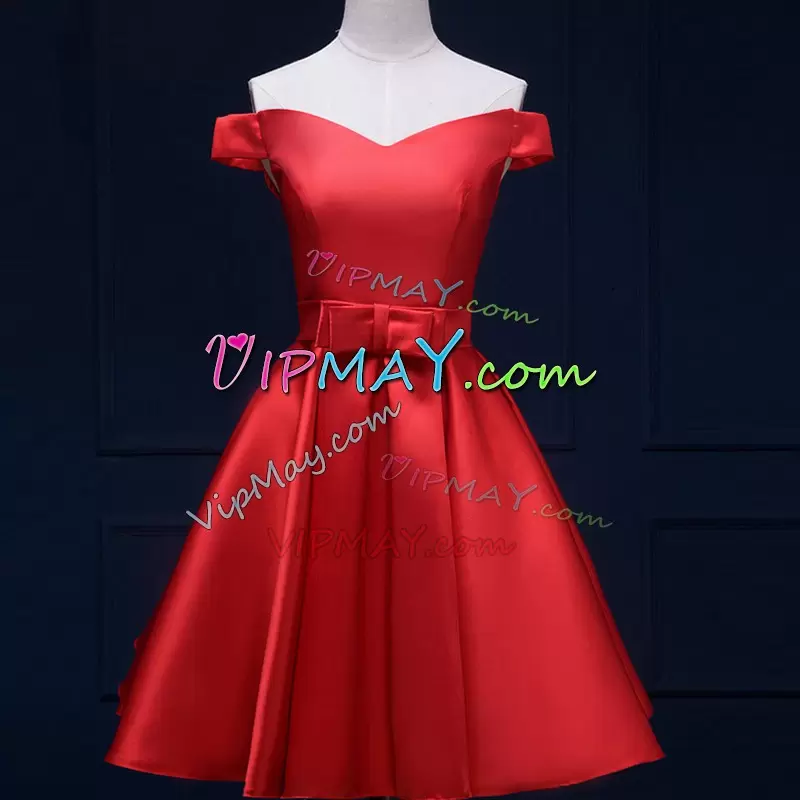 Adorable Sleeveless Knee Length Bowknot and Belt Lace Up Wedding Guest Dresses with Red