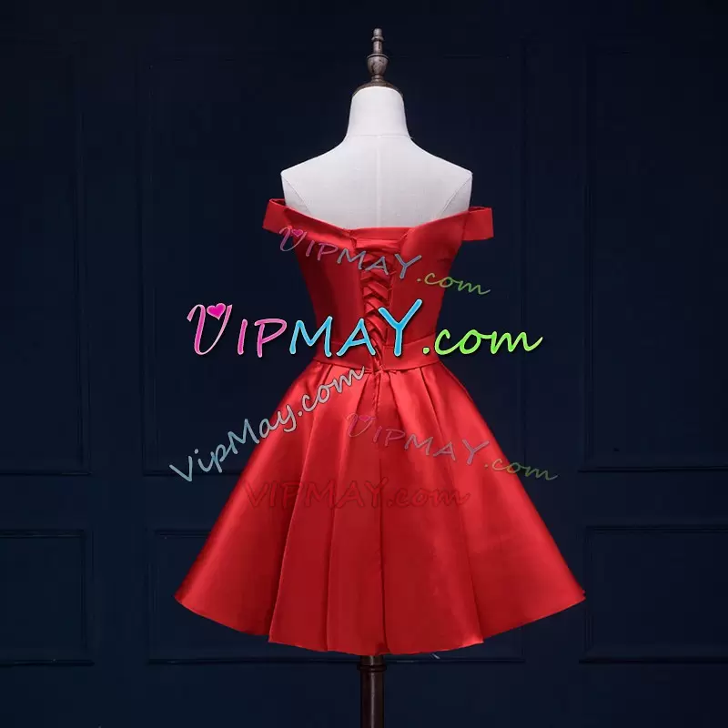 Adorable Sleeveless Knee Length Bowknot and Belt Lace Up Wedding Guest Dresses with Red