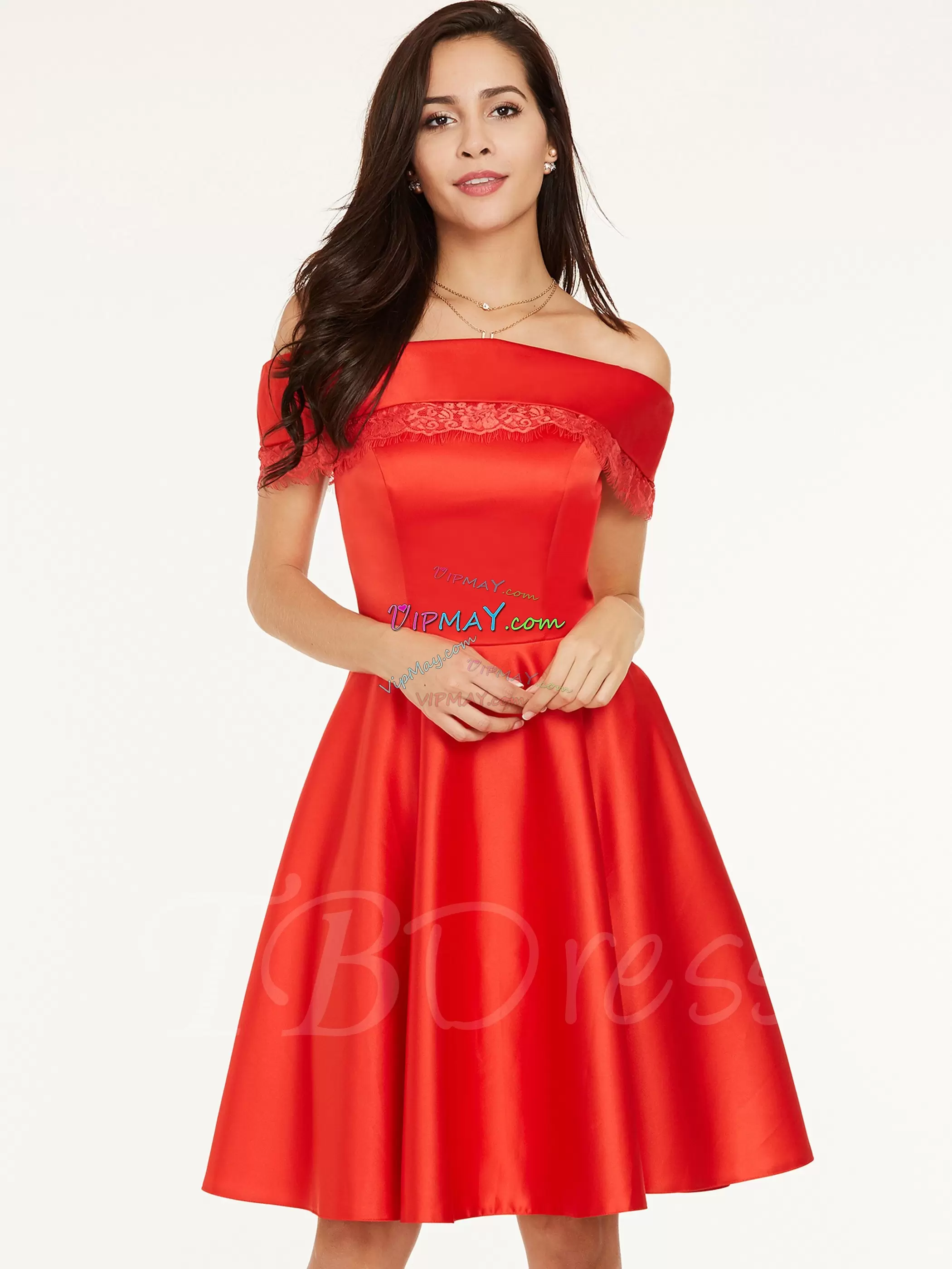 Red Off The Shoulder Zipper Lace Quinceanera Court Dresses Sleeveless