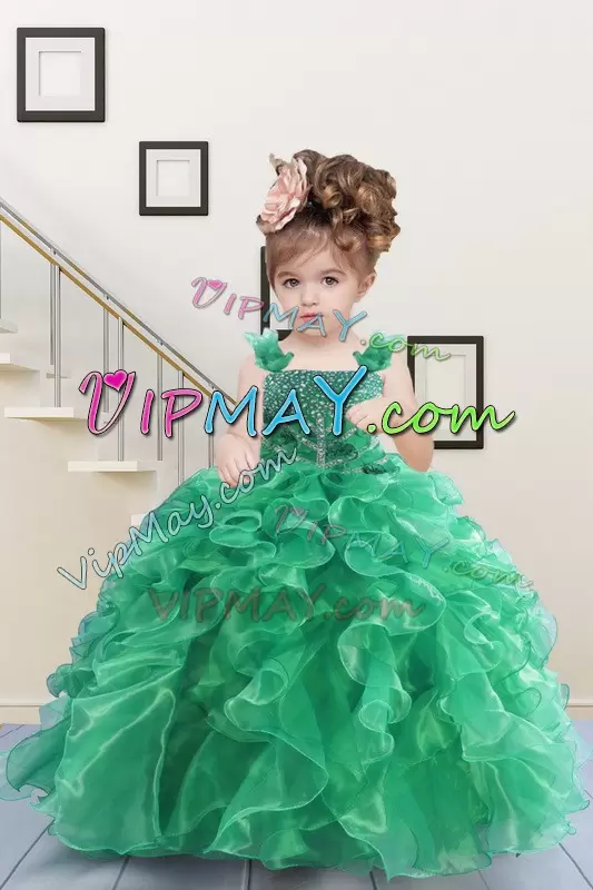 Top Selling Apple Green Straps Neckline Beading and Ruffles Pageant Dress Toddler Sleeveless Lace Up