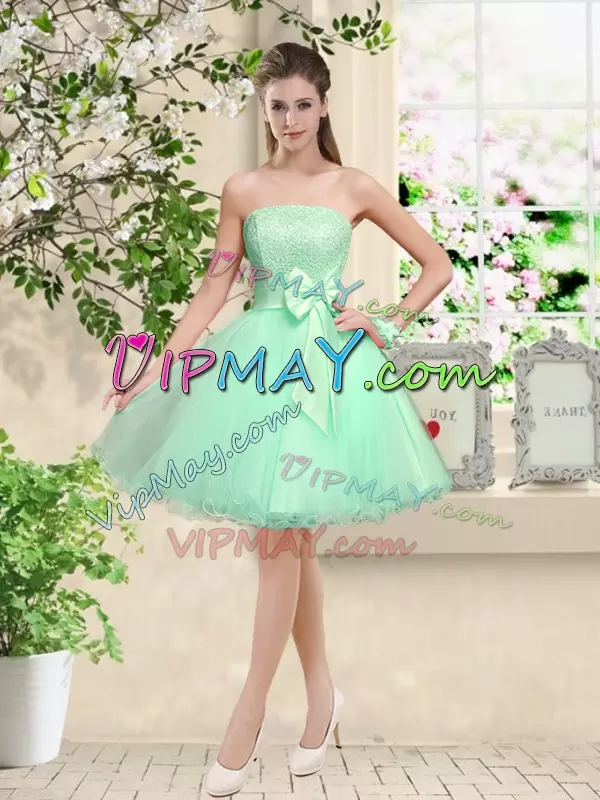 Knee Length Apple Green Wedding Party Dress Off The Shoulder Sleeveless Lace Up