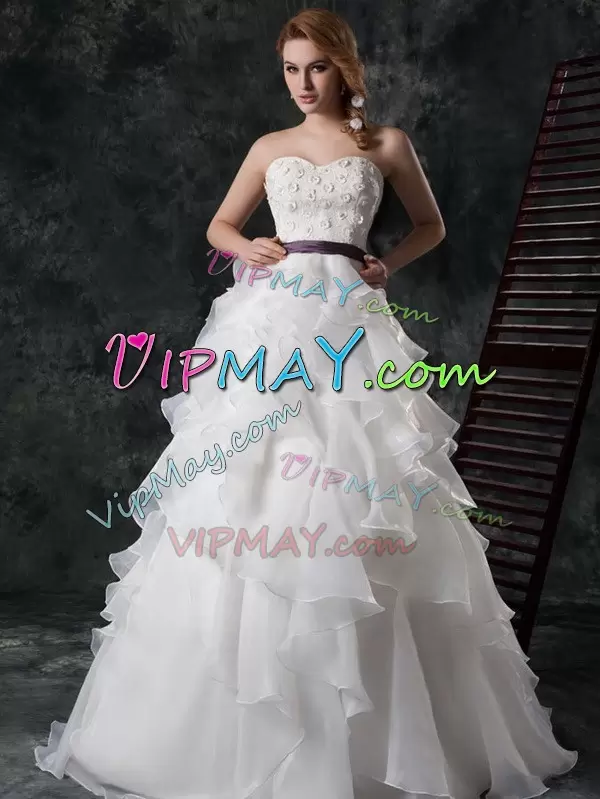 Perfect White Wedding Gown Organza Brush Train Sleeveless Ruffled Layers