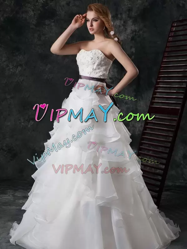 Perfect White Wedding Gown Organza Brush Train Sleeveless Ruffled Layers