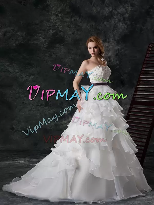 Perfect White Wedding Gown Organza Brush Train Sleeveless Ruffled Layers