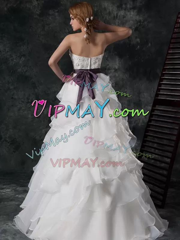 Perfect White Wedding Gown Organza Brush Train Sleeveless Ruffled Layers