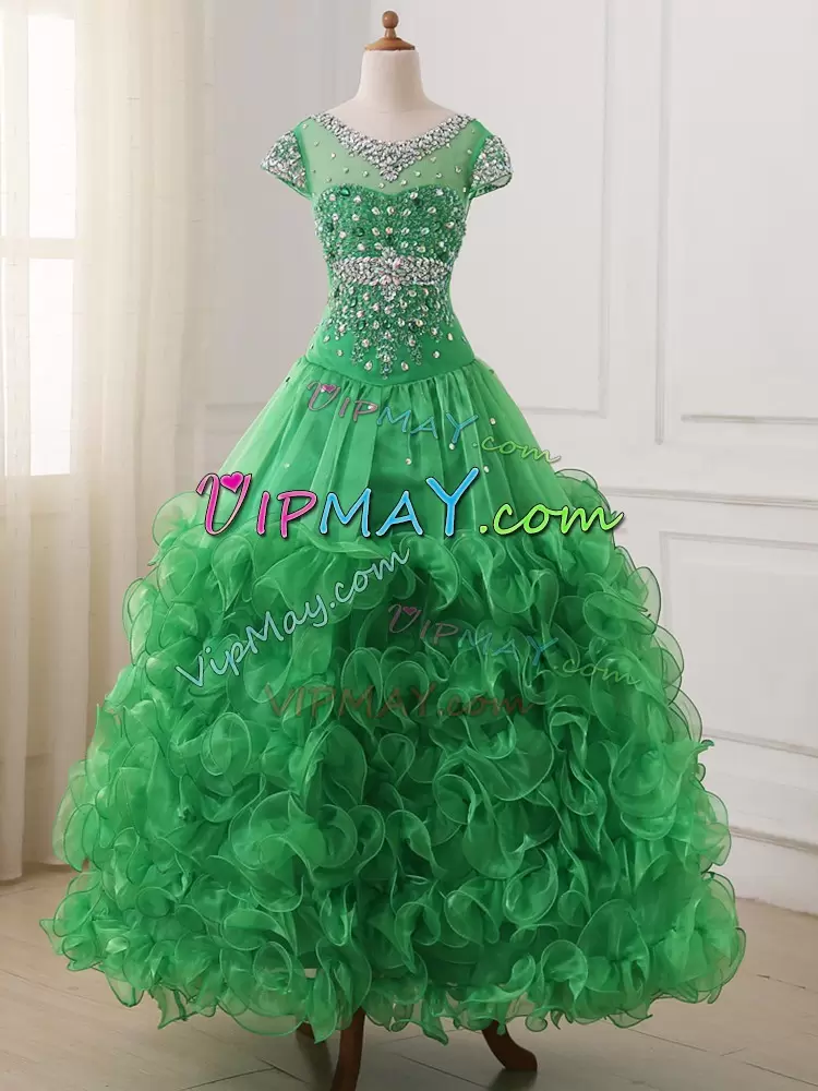 Great Beading and Ruffles Pageant Dress Wholesale Green Lace Up Cap Sleeves Floor Length