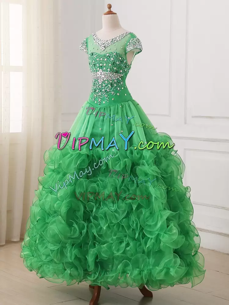 Great Beading and Ruffles Pageant Dress Wholesale Green Lace Up Cap Sleeves Floor Length