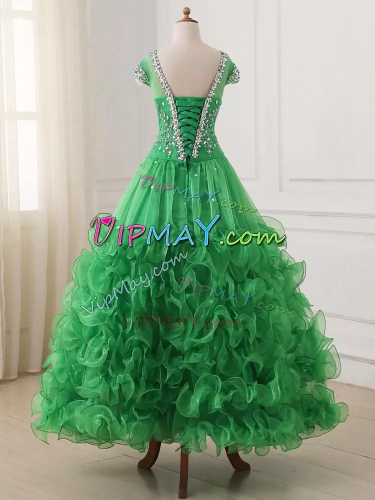 Great Beading and Ruffles Pageant Dress Wholesale Green Lace Up Cap Sleeves Floor Length