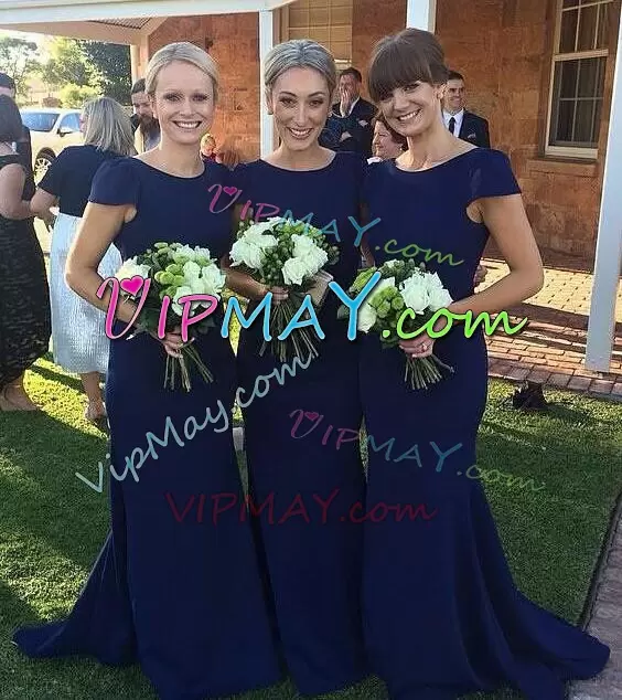 Unique Royal Blue and Navy Blue Lace Up Wedding Guest Dresses Ruching Short Sleeves Floor Length