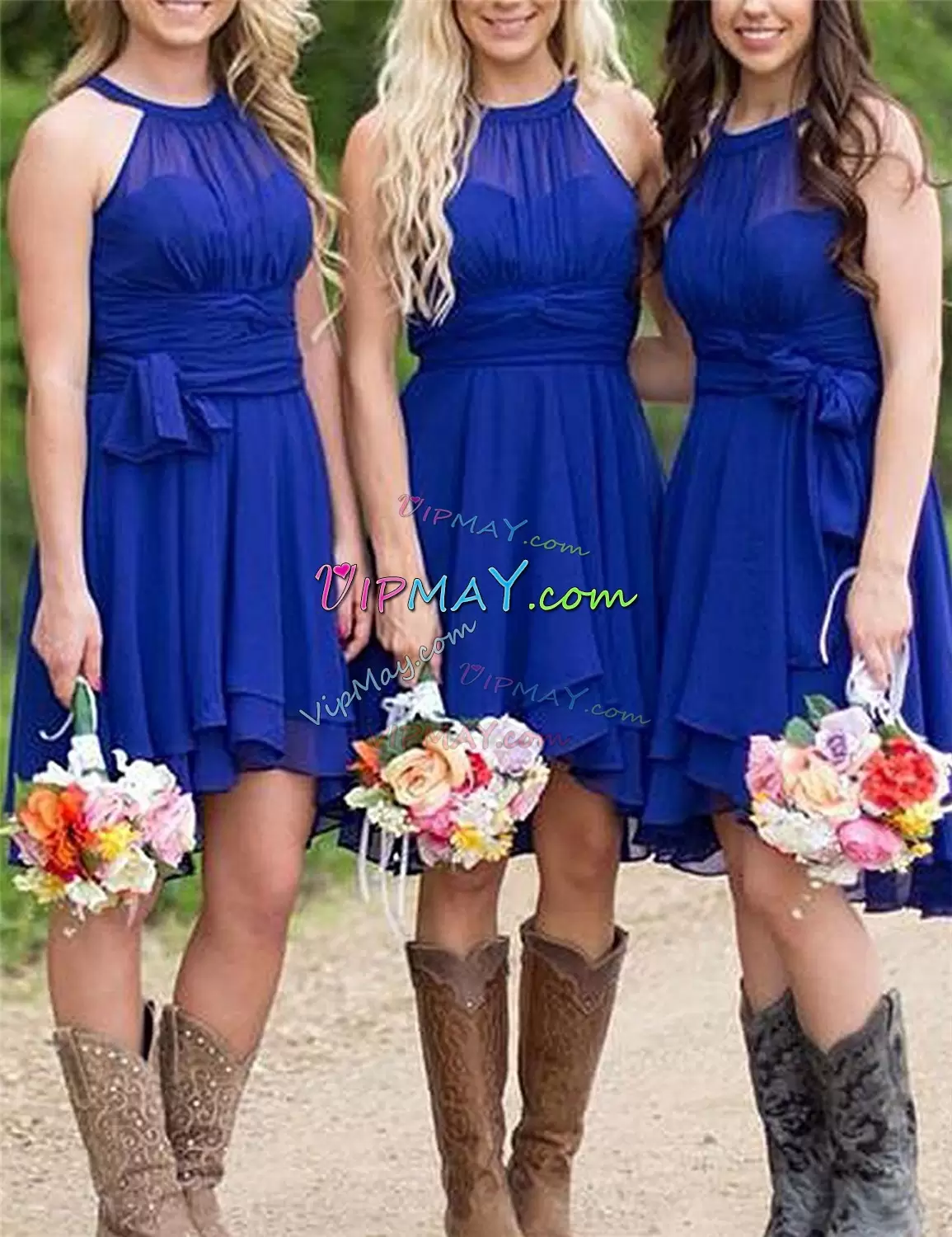 Knee Length Royal Blue Bridesmaid Dresses Chiffon Sleeveless Ruching