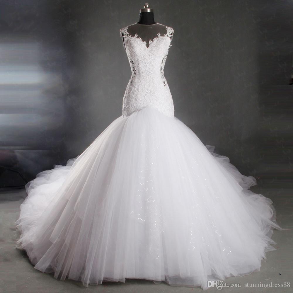 White Bridal Gown Tulle Chapel Train Sleeveless Lace