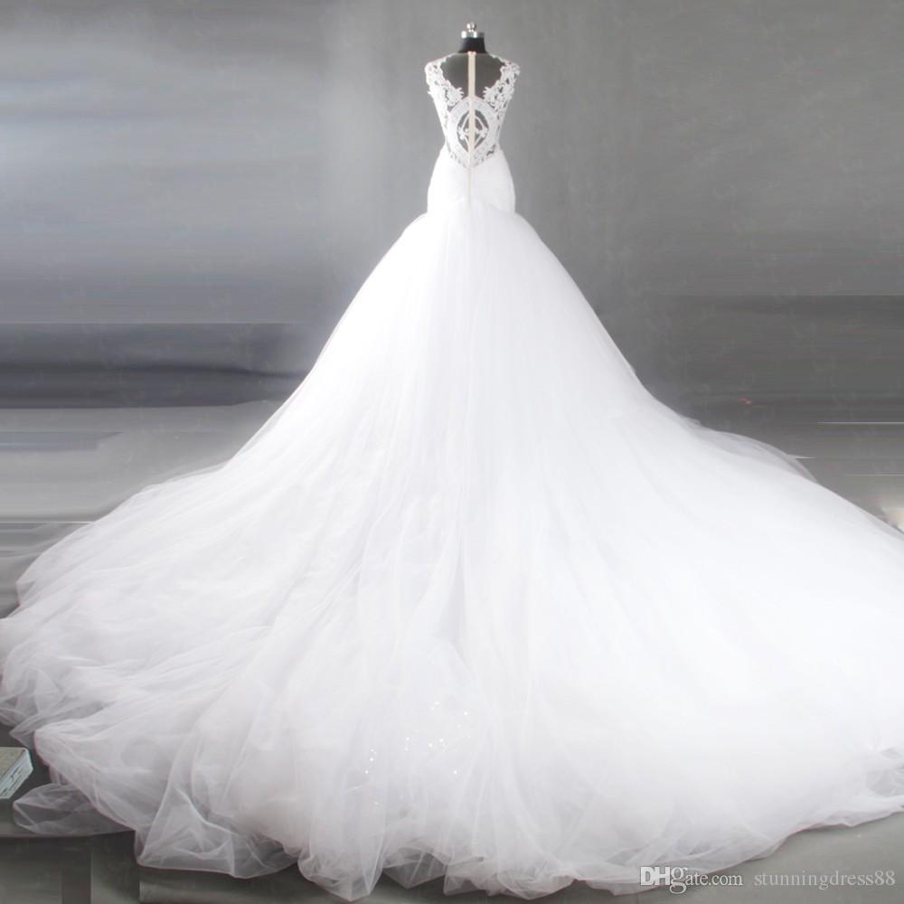 White Bridal Gown Tulle Chapel Train Sleeveless Lace