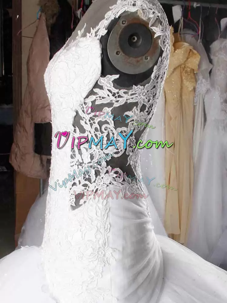 White Bridal Gown Tulle Chapel Train Sleeveless Lace