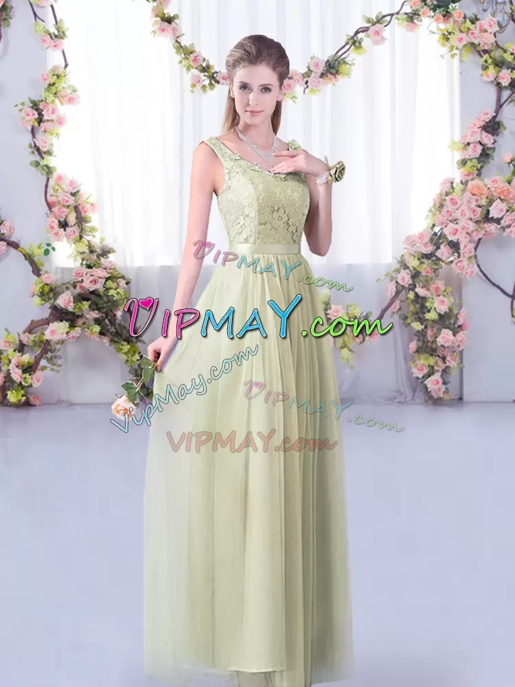 Pretty Tulle V-neck Sleeveless Side Zipper Lace and Belt Bridesmaids Dress in Yellow Green