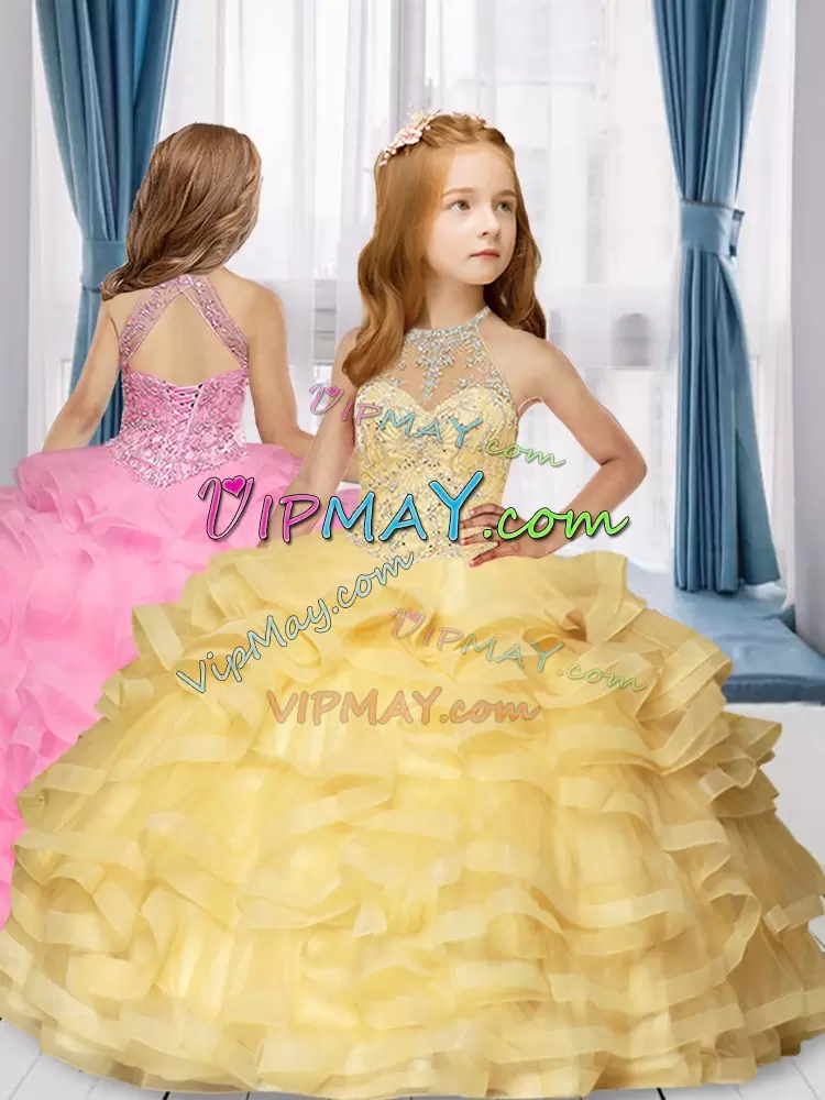 Nice Yellow Lace Up Halter Top Beading and Ruffles Pageant Dress for Girls Tulle Sleeveless