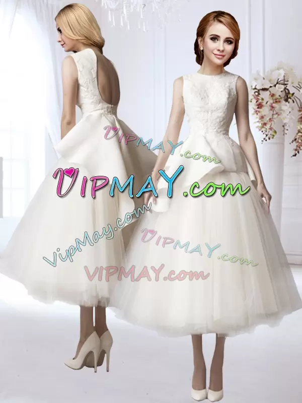 Best White Backless Wedding Gowns Appliques Sleeveless Tea Length