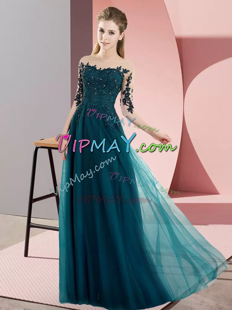 Unique Beading and Lace Wedding Guest Dresses Peacock Green Lace Up Half Sleeves Floor Length