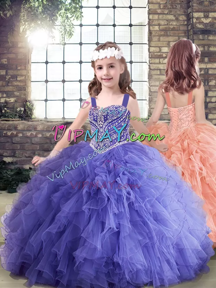 Dazzling Sleeveless Floor Length Beading and Ruffles Lace Up Pageant Dress with Lavender