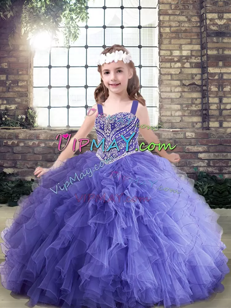 Dazzling Sleeveless Floor Length Beading and Ruffles Lace Up Pageant Dress with Lavender