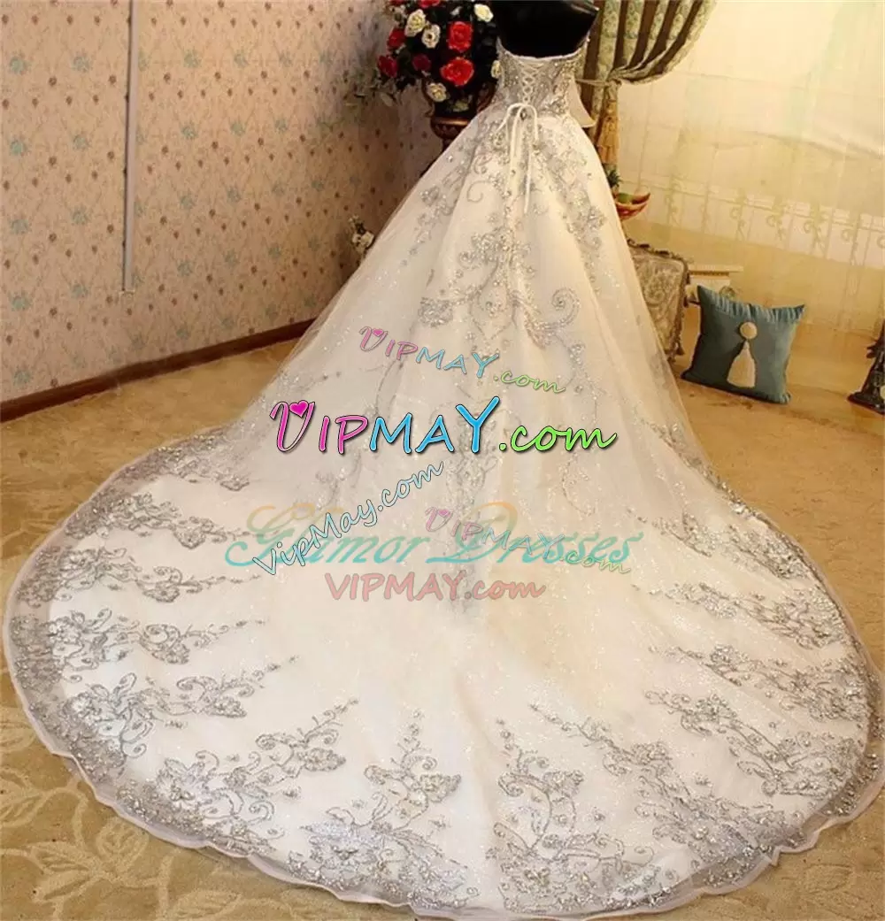 Low Price Sweetheart Sleeveless Tulle Wedding Gown Beading and Lace Chapel Train Lace Up