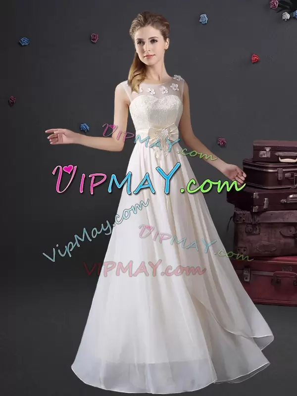 Best White V-neck Zipper Lace and Appliques and Bowknot Wedding Party Dress Sleeveless