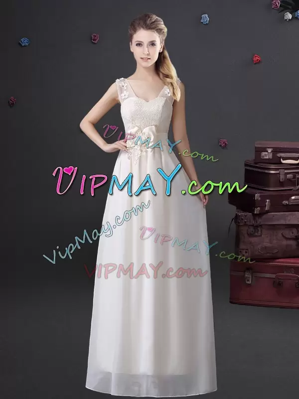 Best White V-neck Zipper Lace and Appliques and Bowknot Wedding Party Dress Sleeveless